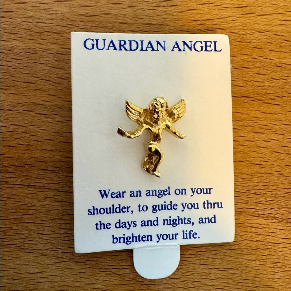 Vintage Guardian Angel Lapel Pin Gold Tone on Card Inspirational Gift